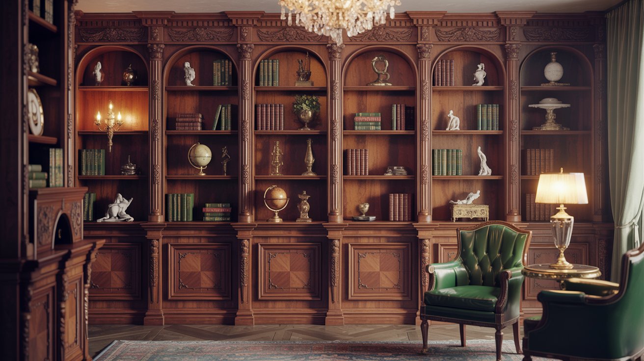 Classic wooden bookshelf with carved details filled with books in warm elegant living room setting