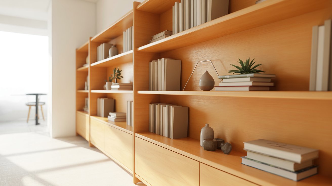 Light maple bookshelf with smooth grain in modern minimalist room with clean design