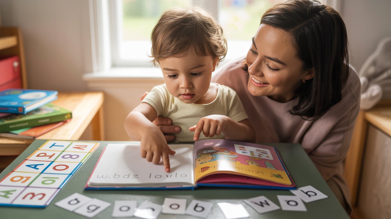 Young child learning to read simple books with parent support in a calm home study setting.