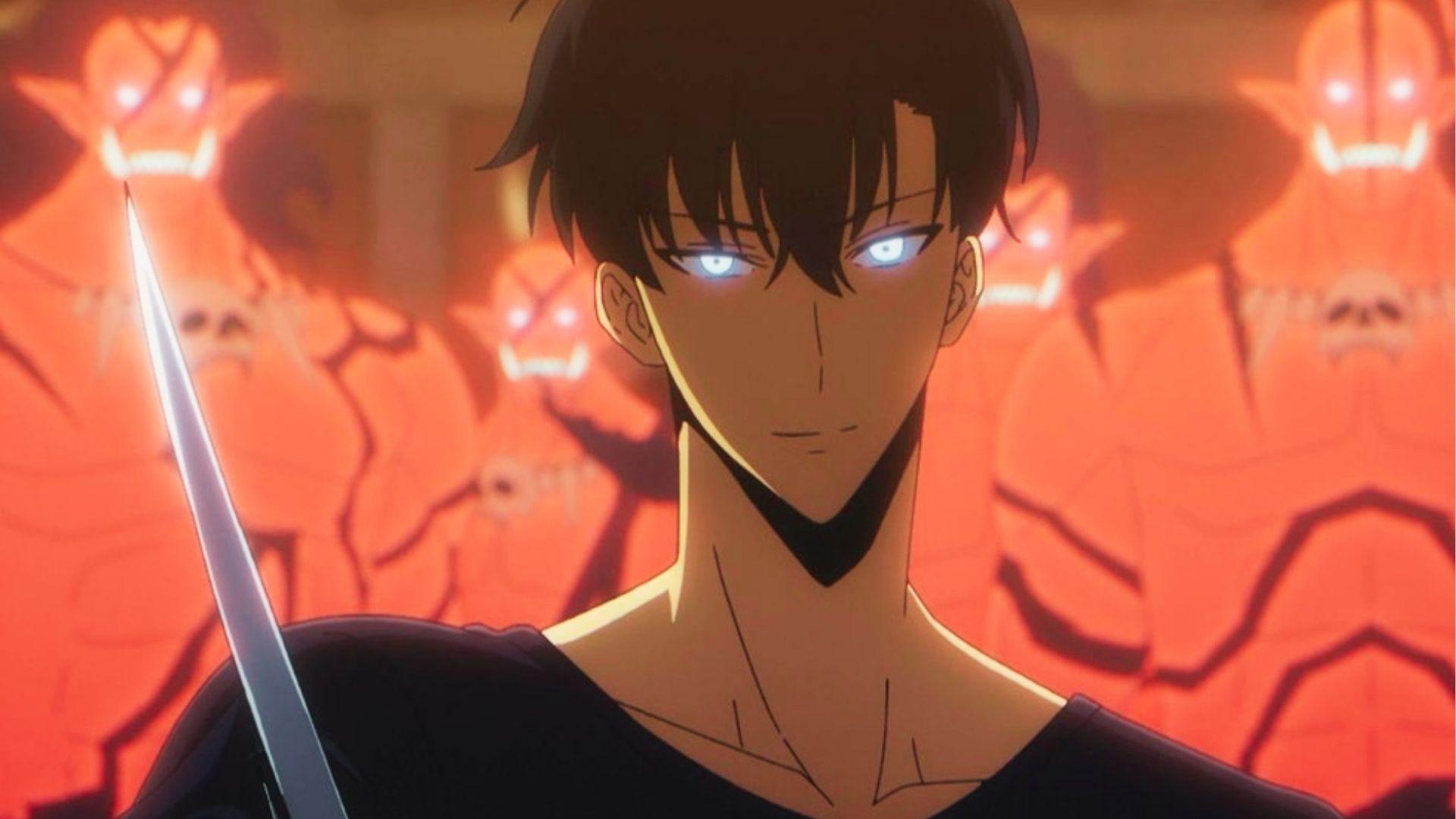 Anime character with striking blue eyes, wielding a sword, set against a dynamic fantasy background.