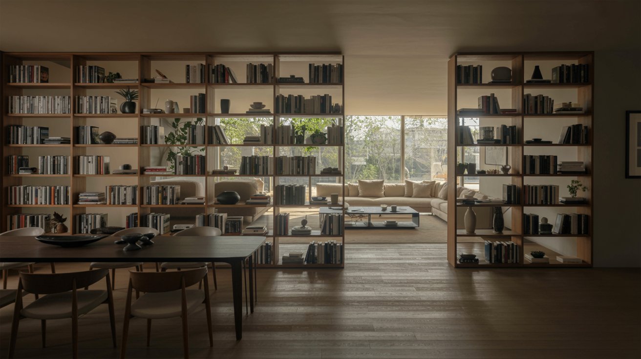 Open space with bookshelf divider separating dining and living areas while keeping layout bright