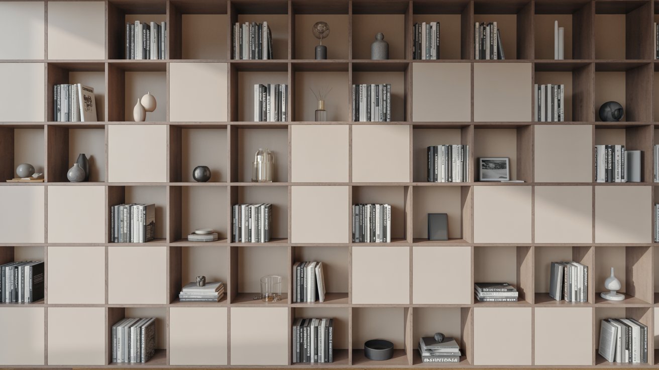 "Minimalist cube shelving units with open and closed storage, neatly organizing books in a modern small home."