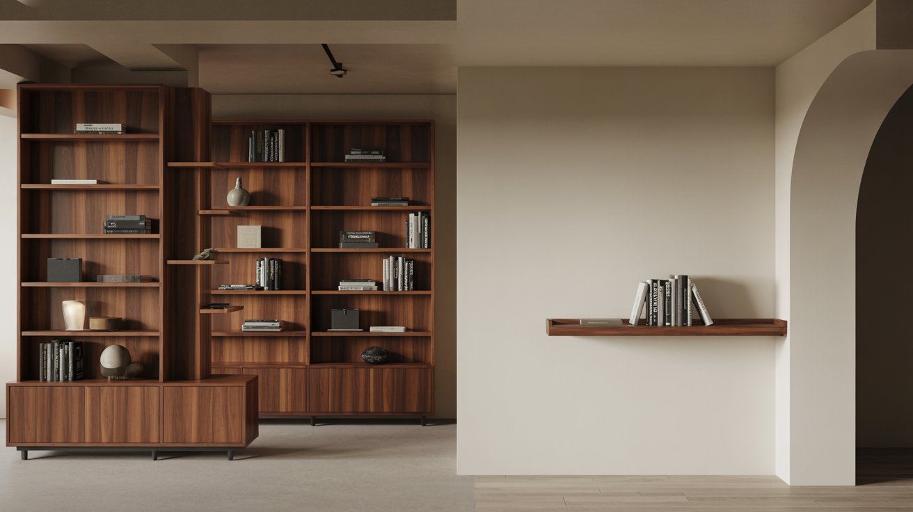 "Split-view comparison of a freestanding bookcase in a furniture showroom and a simple wall-mounted bookshelf in a modern home interior"