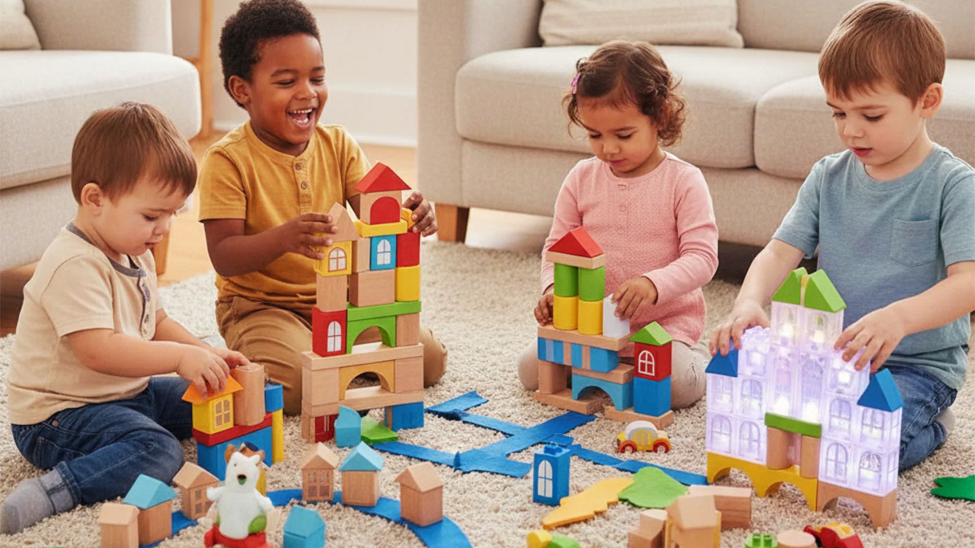 Four toddlers sit on a colorful rug stacking bright wooden blocks into towers together.
