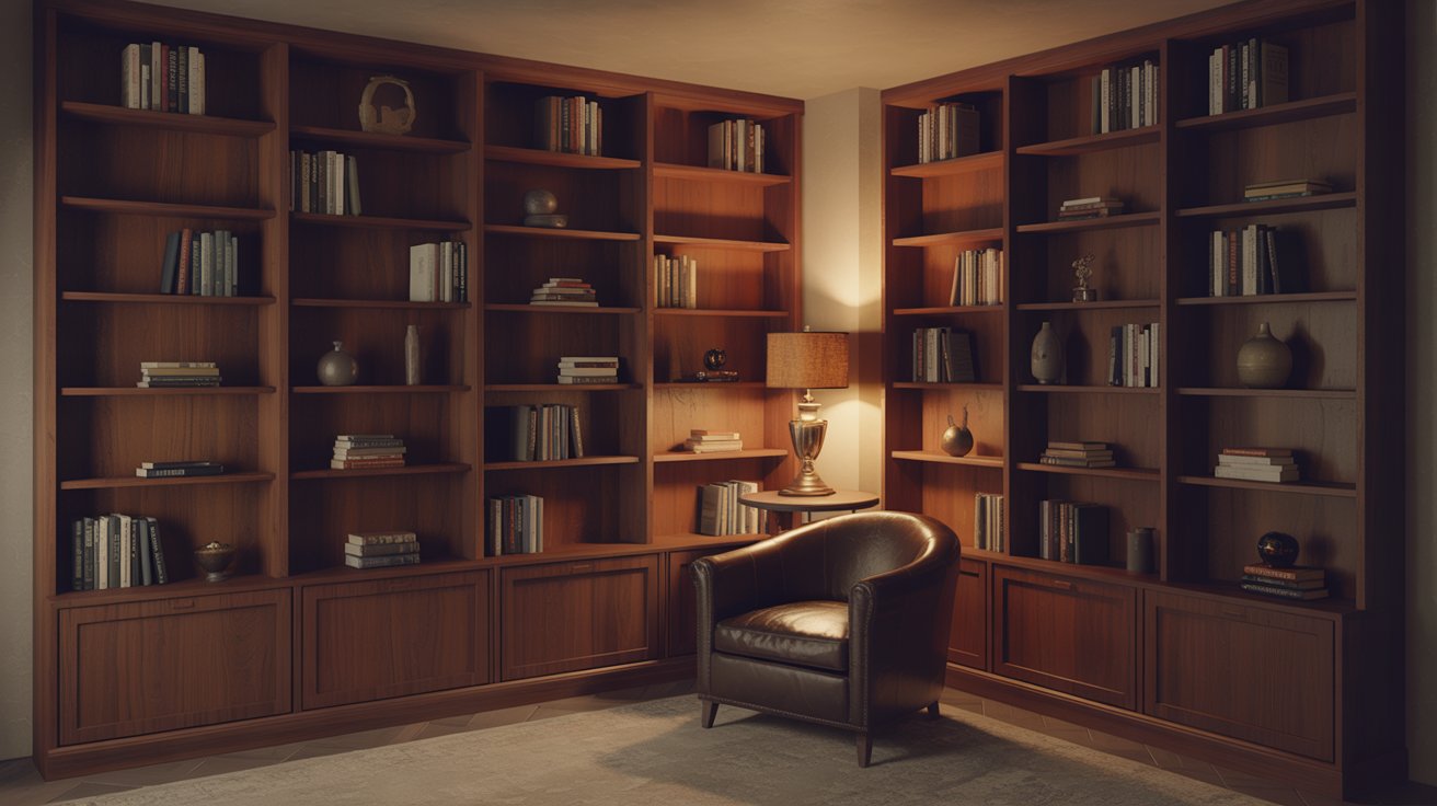 "Dark wood vintage mini library corner with bookshelves, leather chair, and warm lamp creating a cozy old-world reading space."