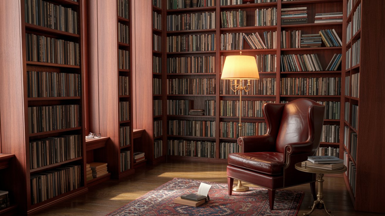 "Traditional home library with floor-to-ceiling bookshelves, organized book collection, and cozy reading space."