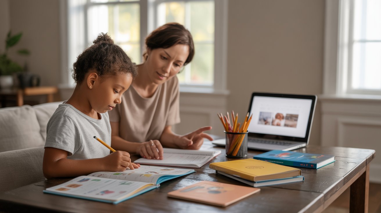 Parent and child using simple homeschool materials in a budget-friendly home learning setup.