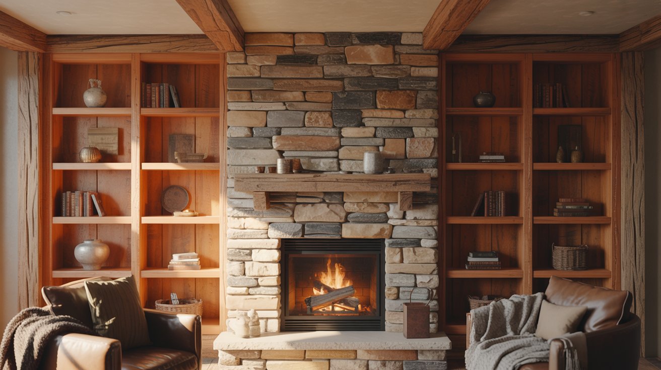 "Rustic wooden built in bookshelves around a stone fireplace in a warm farmhouse living room."