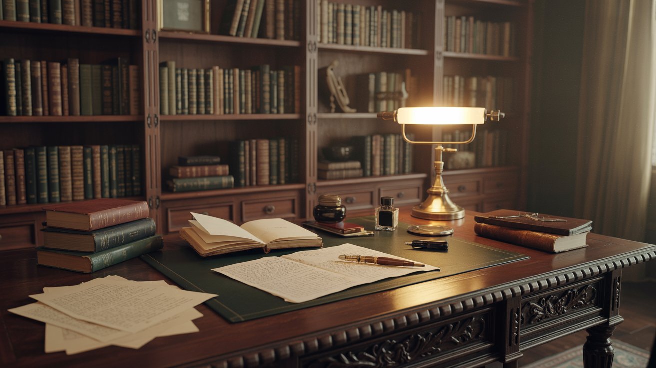 "Dark academia writing desk with antique journal, fountain pen, and warm lighting"