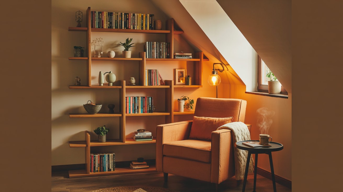 Small living room with corner bookshelf, smart space use, cozy seating, warm inviting atmosphere
