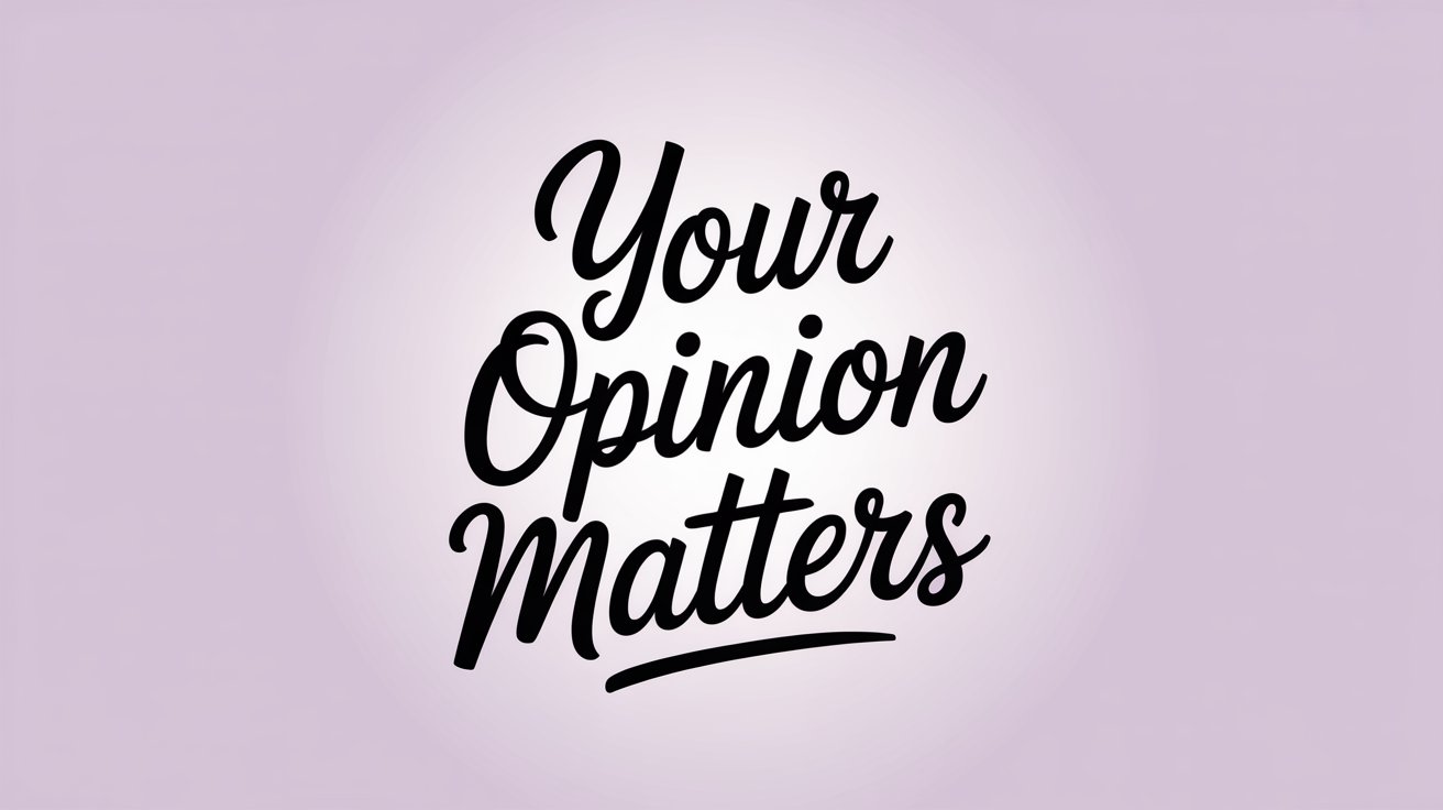 Stylish script reading "Your Opinion Matters" centered on a gentle lavender gradient background.