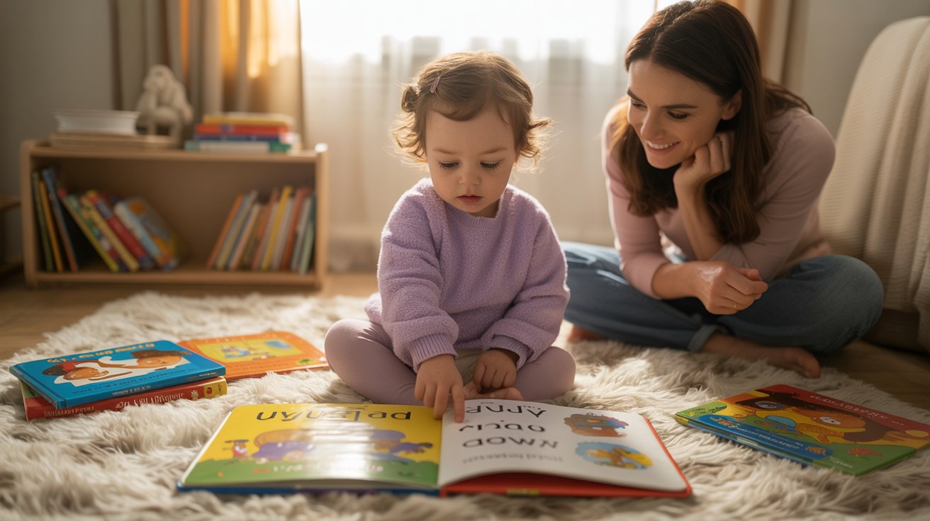 Child reading simple picture book repeatedly with parent encouragement in cozy home setting.