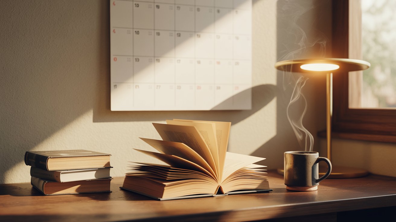 "Cozy reading desk with open blank book, stack of books, calendar, and coffee mug symbolizing daily reading progress over time, soft lighting, no text or humans"