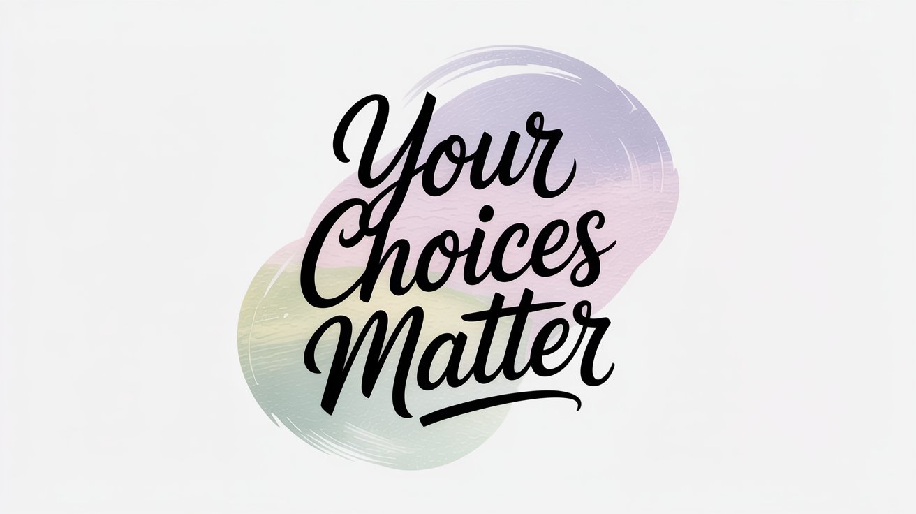 Flowing black script "Your Choices Matter" over soft purple and green watercolor circles.