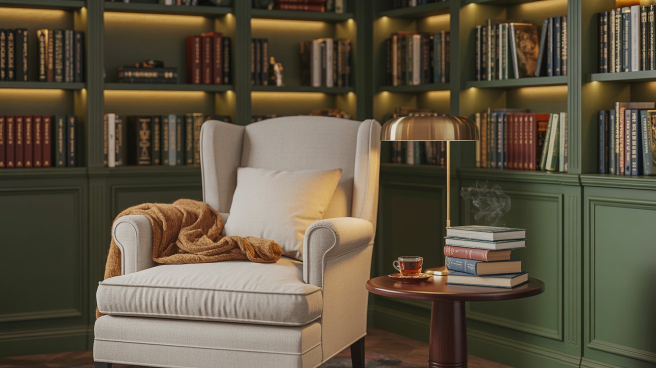 Cozy reading nook in dark green home library with armchair, lamp, and books.