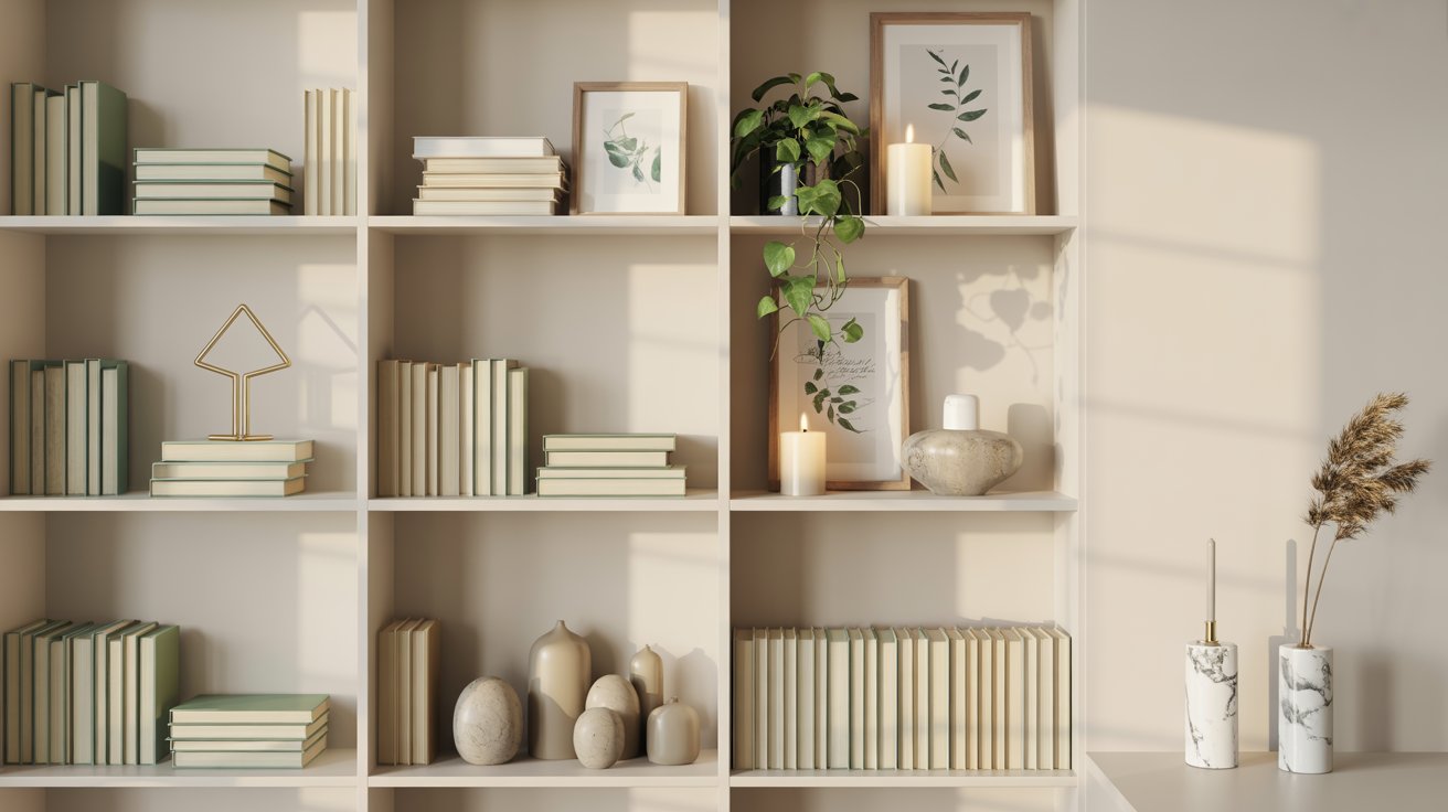 Styled bookshelf showing stacked books layered art grouped decor and vertical books with elegant balance.