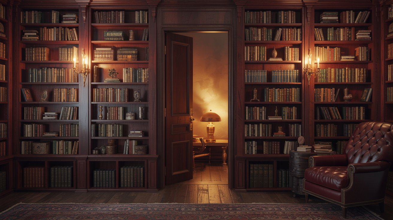 "Floor-to-ceiling built-in bookshelves with a hidden secret door in an elegant luxury home library."
