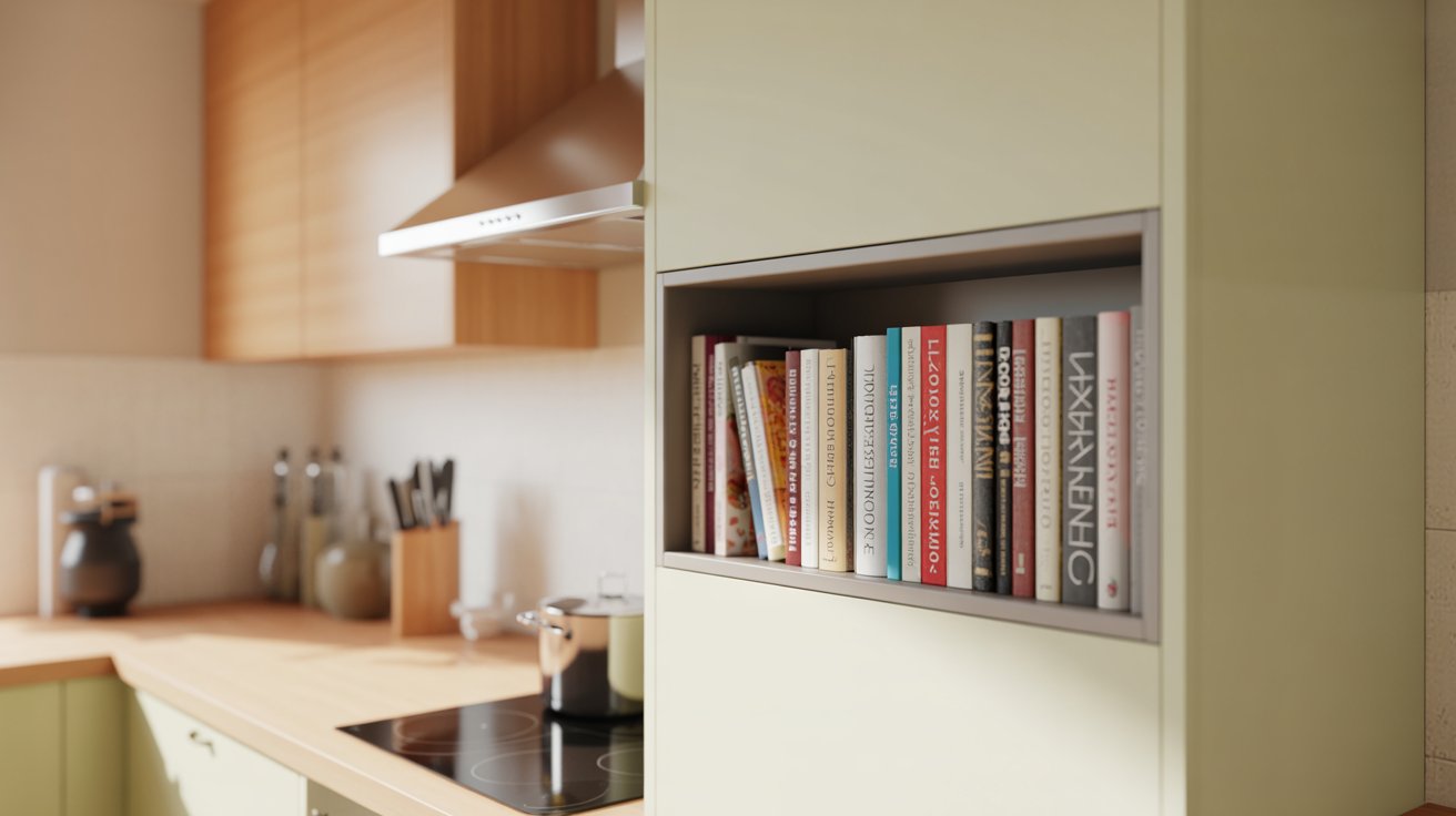"Kitchen corner bookshelf with cookbooks neatly arranged, creating a practical and compact small home library for recipes."