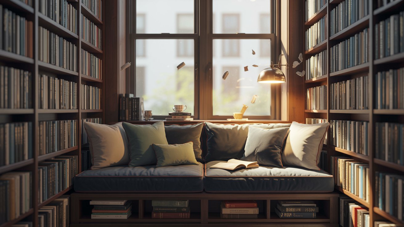 "Cozy reading nook with floor-to-ceiling built-in bookshelves, cushioned seating, and warm home library design."