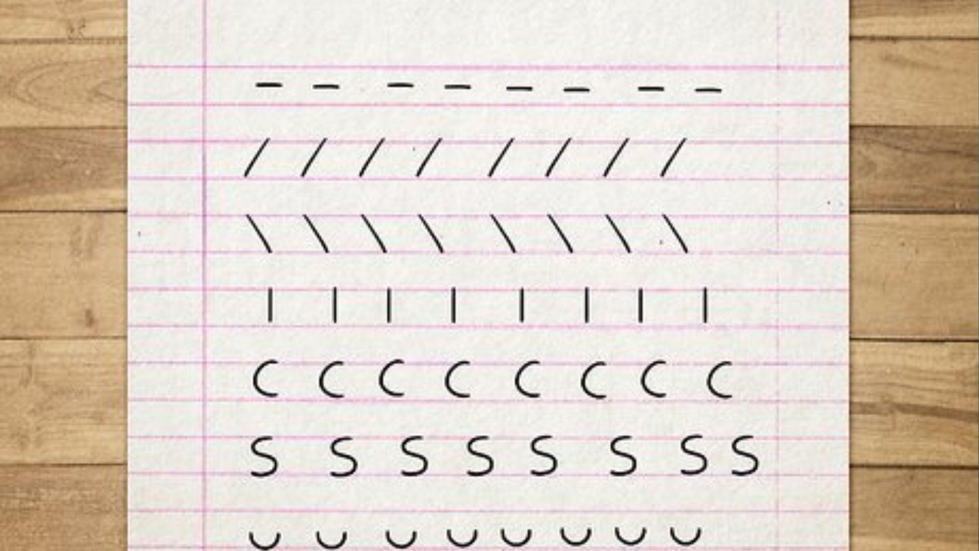Lined paper with tracing patterns like lines, curves, and Cs helps kids master basic strokes.
