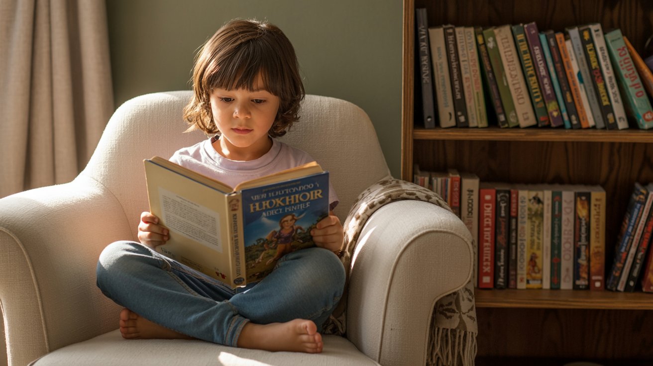 Child reading independently on a sofa in a cozy room filled with books and warm lighting.