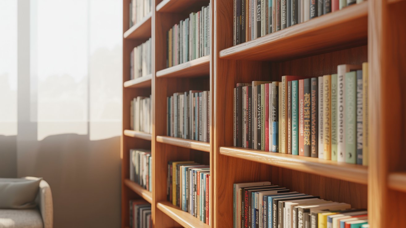 Standard depth bookshelf with neatly arranged books showing proper fit and minimal empty space