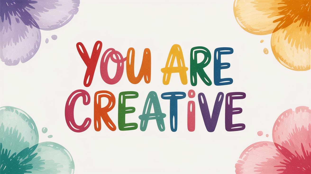 Playful rainbow-colored bubble letters spell "YOU ARE CREATIVE" surrounded by watercolor flowers.