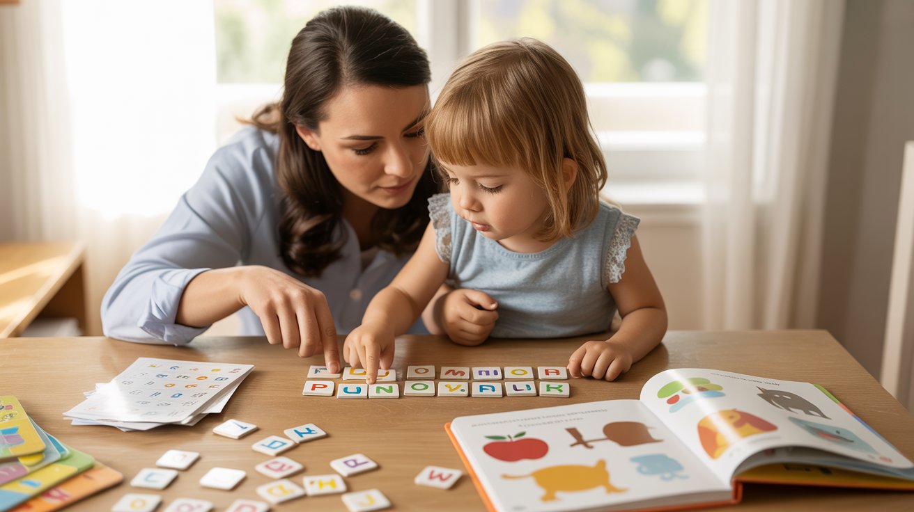 Parent teaching child phonics reading with letter cards and beginner books in focused home study.
