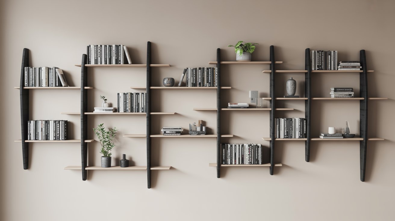 "Asymmetrical wall shelves arranged in an artistic pattern displaying books, plants, and decor in a modern small home library."