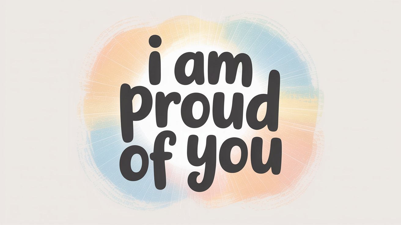 Soft, rounded text "i am Proud of you" set against a glowing pastel rainbow watercolor circle.