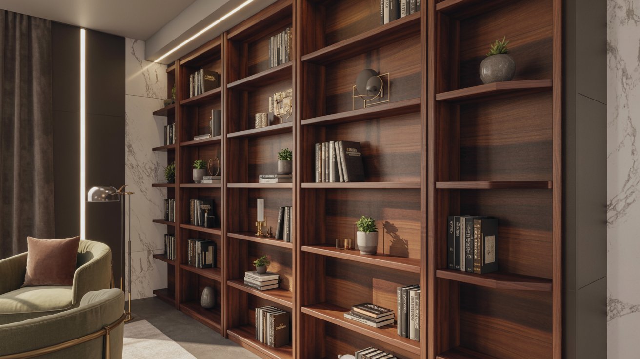 Dark walnut bookshelf in luxury interior with rich grain and elegant high end design