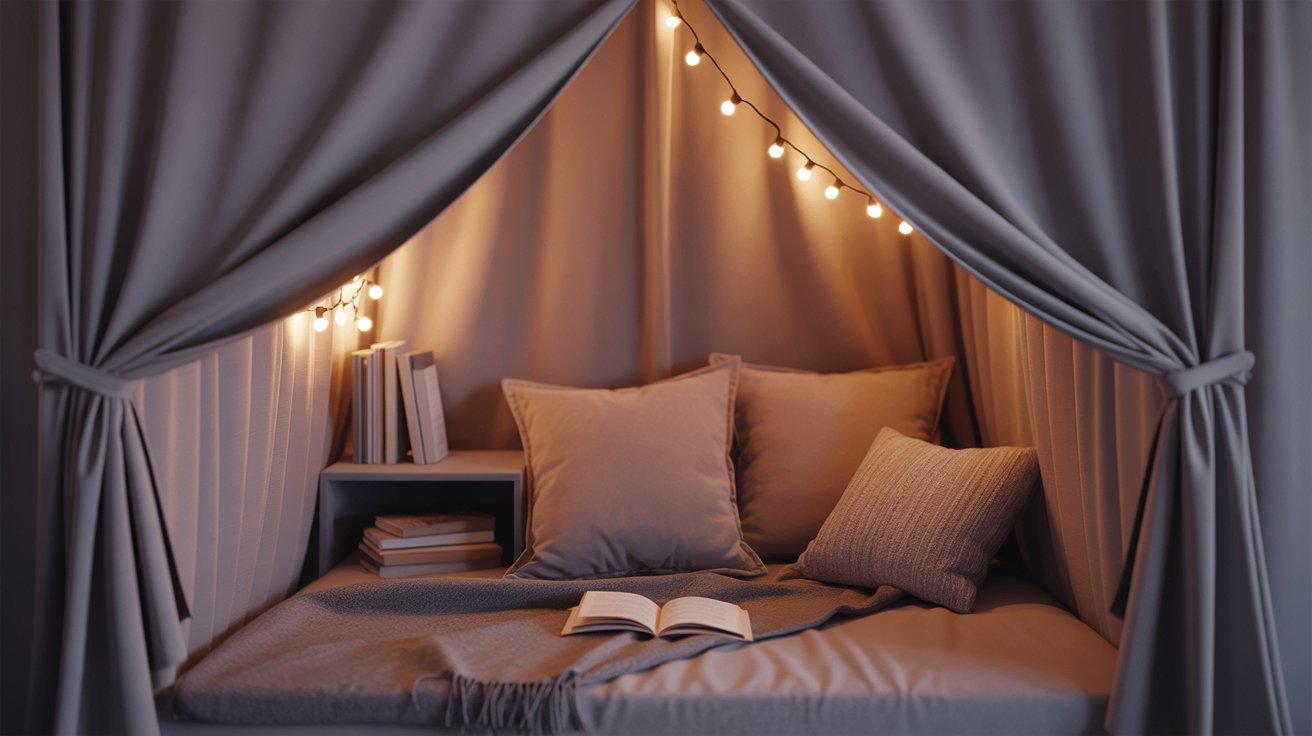 "Reading tent corner with soft canopy, cushions, books, and warm fairy lights creating a cozy small home library space."