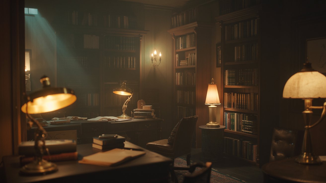 "Dark academia library with warm lamp lighting, wooden shelves, and cozy reading atmosphere"
