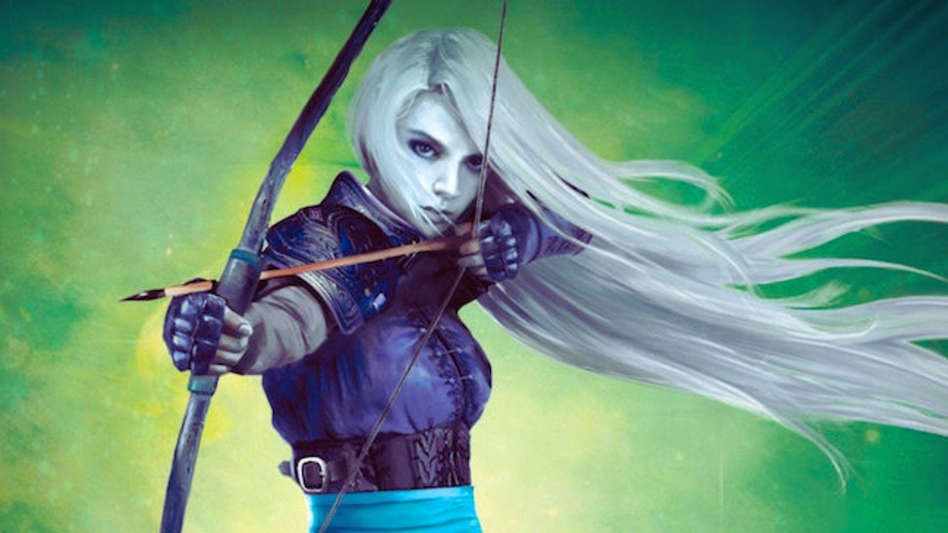 A woman with long white hair in a blue dress holds a bow, poised and ready for action in a serene outdoor setting.