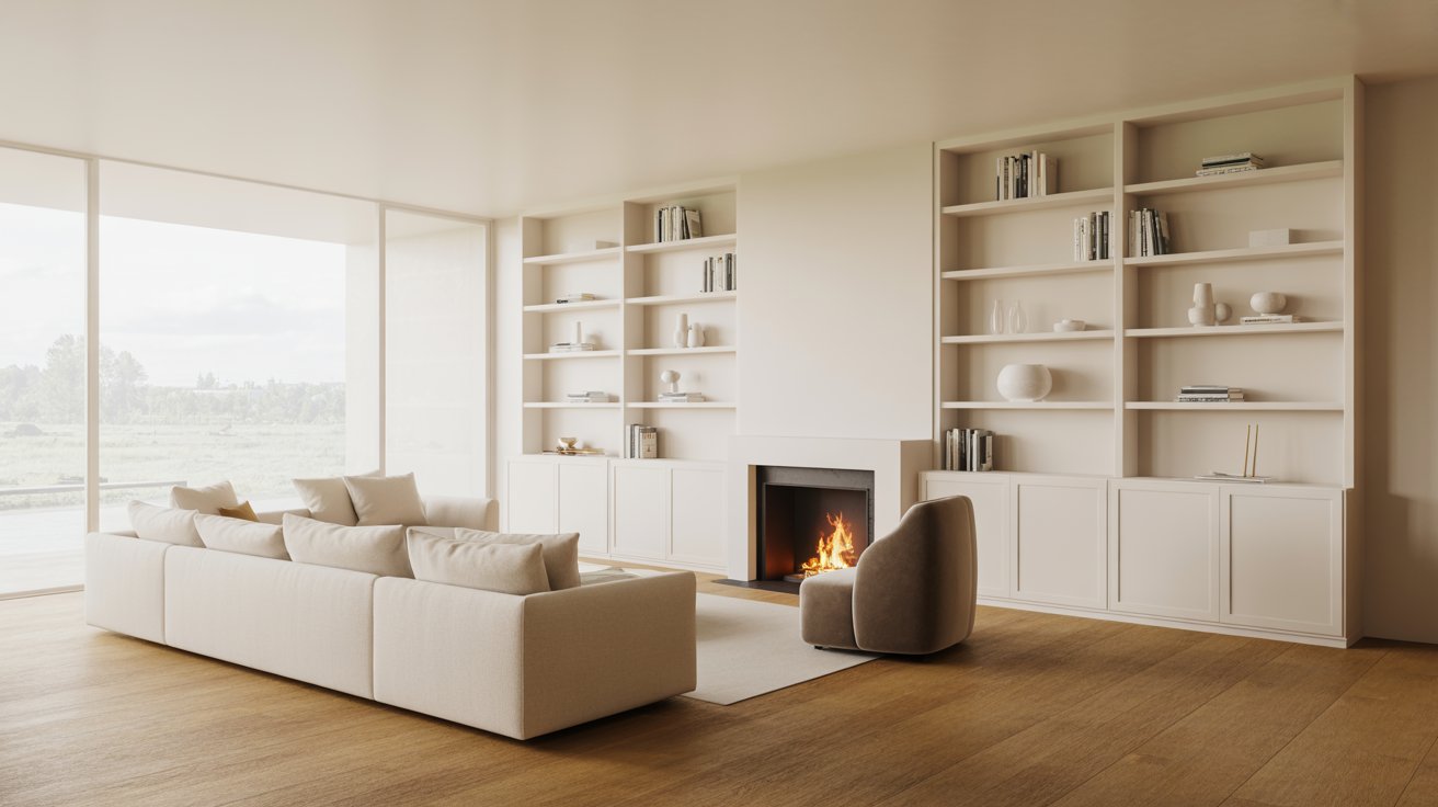 "White minimalist built in bookshelves with hidden storage around a modern fireplace in a Scandinavian living room."