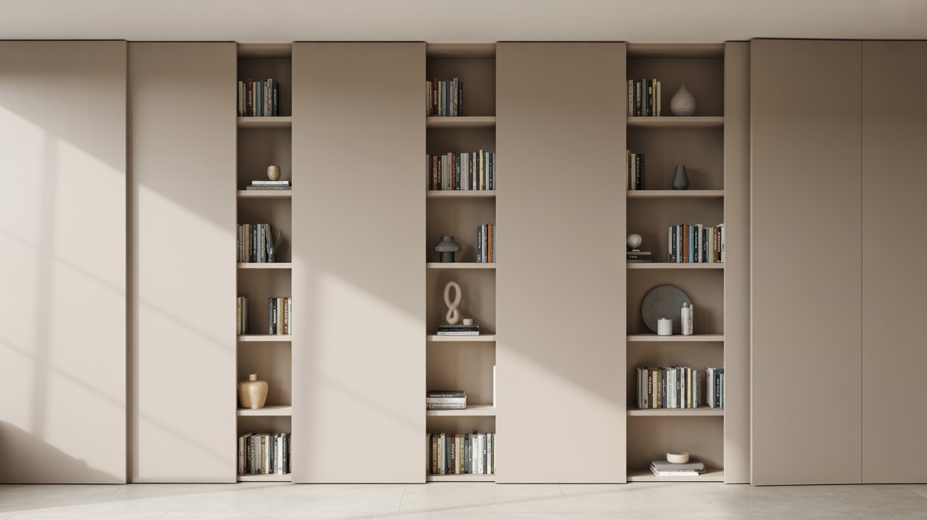 "Floor-to-ceiling built-in bookshelves with sliding panels revealing a modern hidden storage design in a minimalist living room."