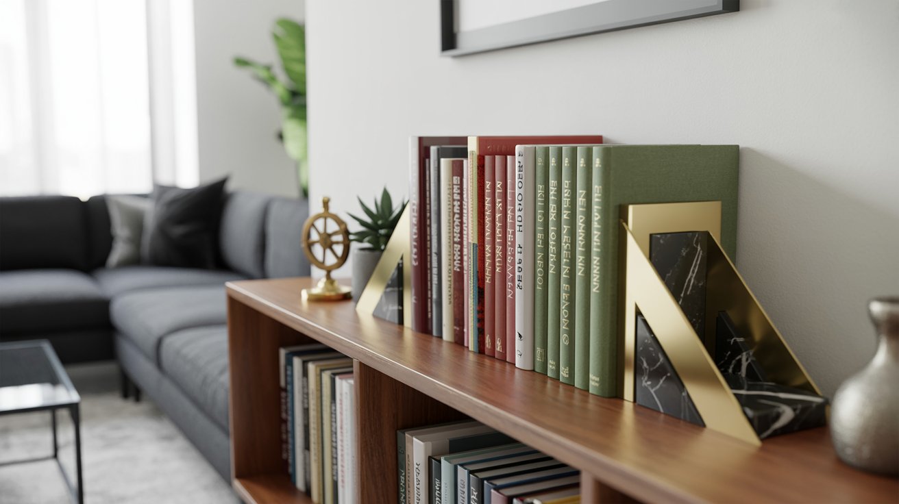 Small living room bookshelf with creative bookends, stylish accents, neat organized modern decor