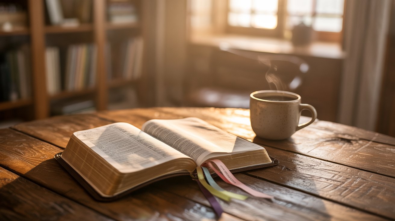 Open Bible on wooden table with sunlight, coffee mug, bookmarks, and cozy reading atmosphere indoors