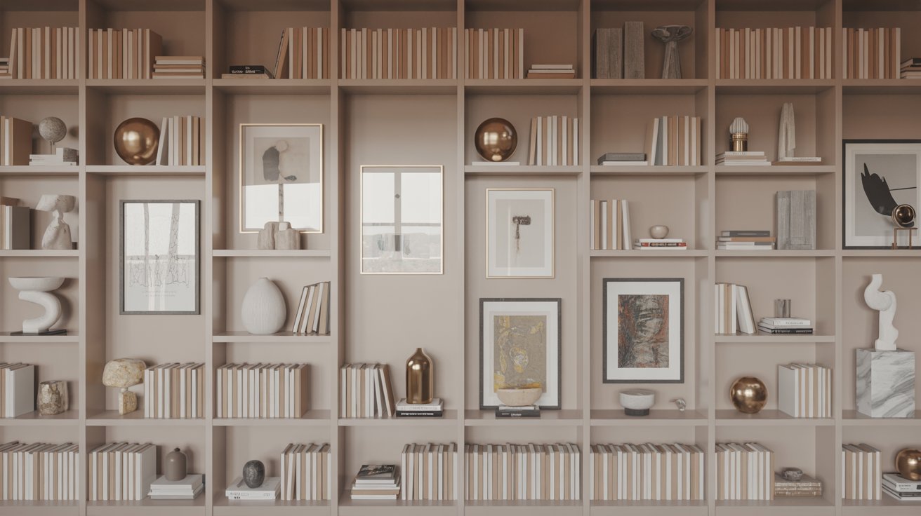 "Floor-to-ceiling built-in bookshelves styled as a gallery wall with books, framed art, and sculptural decor in a modern interior."
