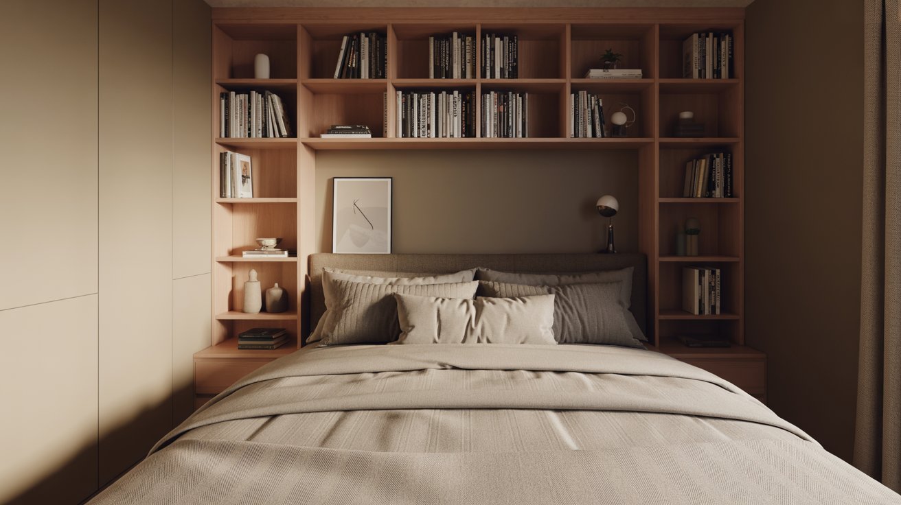 "Bed with built-in bookshelf headboard storing books and lamp, perfect space-saving solution for a small bedroom."