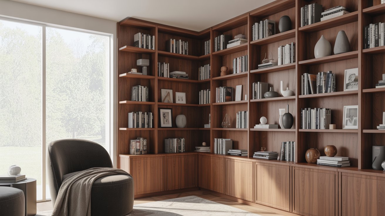 "Floor-to-ceiling corner built-in bookshelves maximizing storage space in a stylish modern living room."