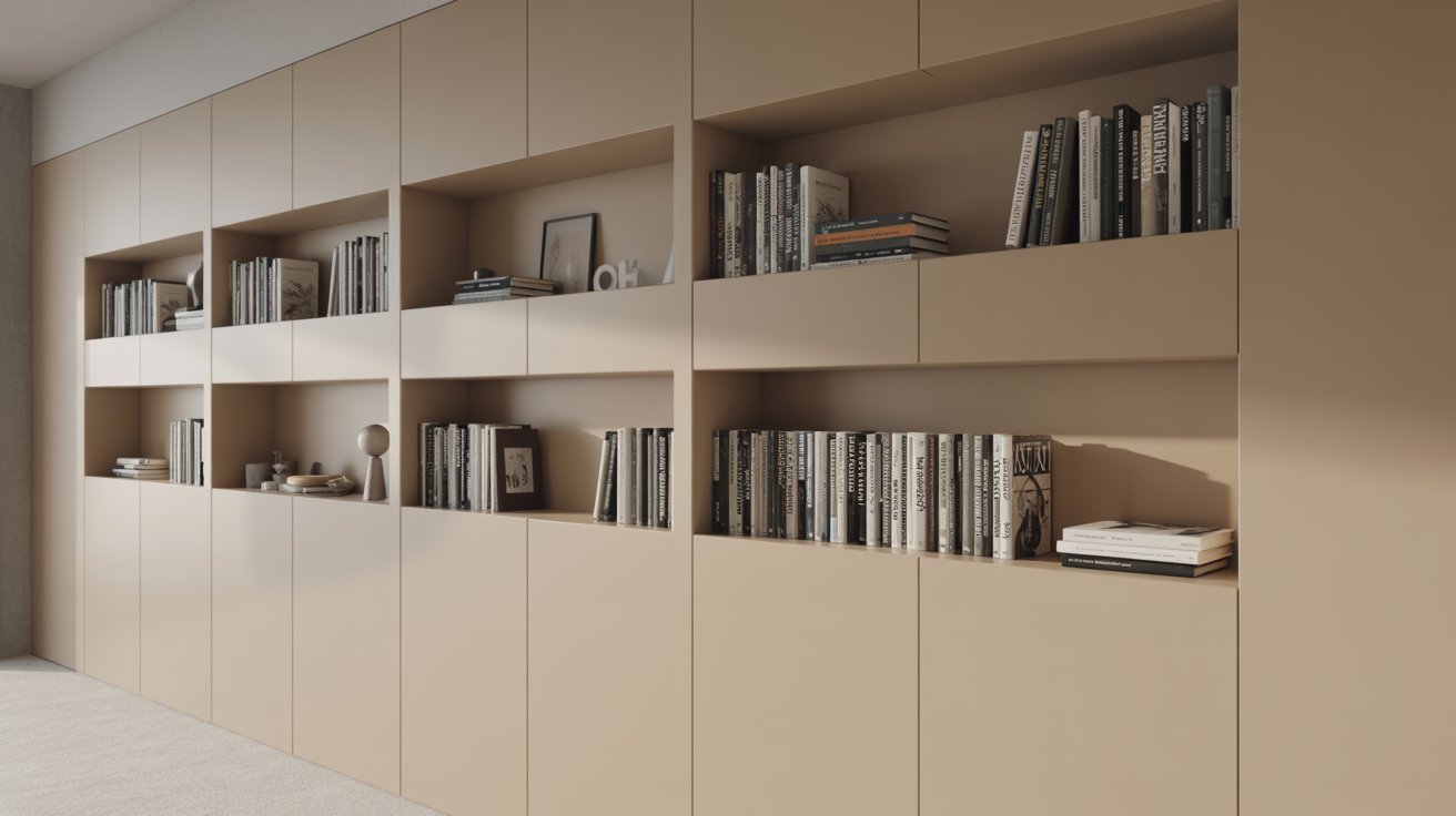 "Built-in recessed wall shelves with books, flush design creating a clean and space-saving home library solution."