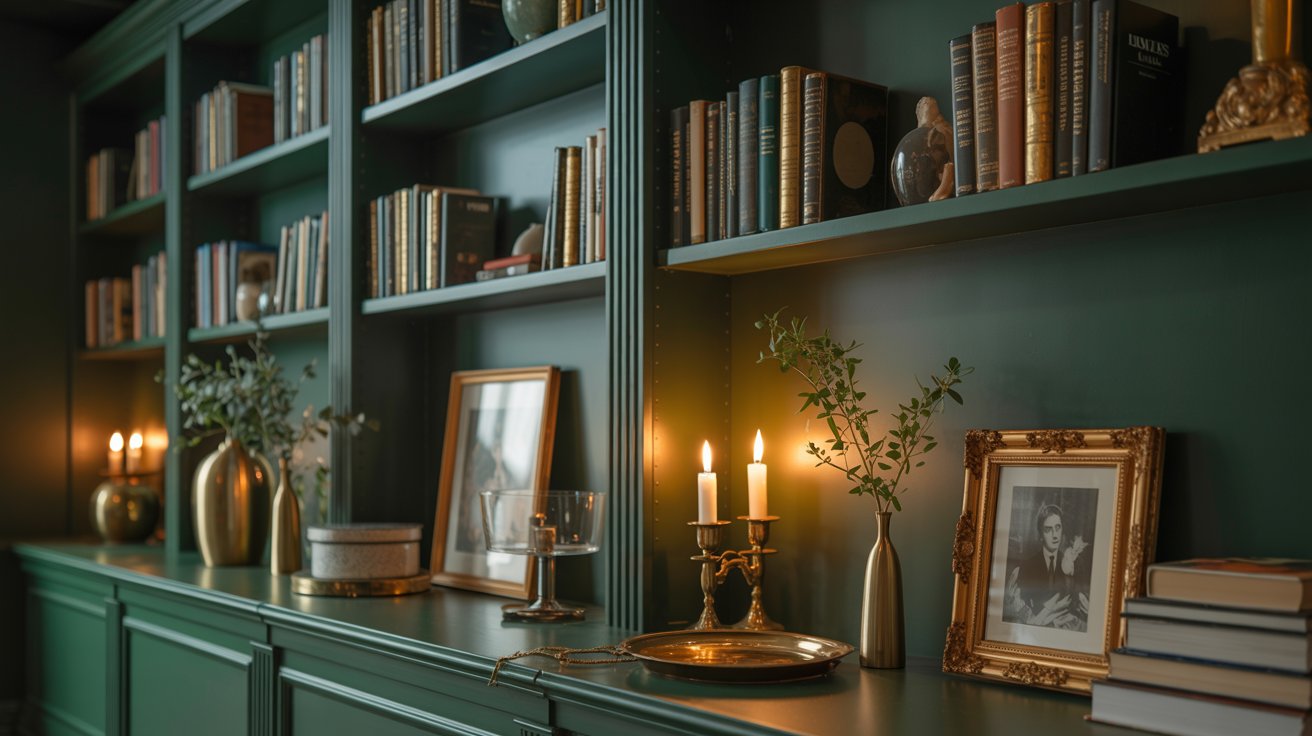 Brass and gold decor accents in dark green home library adding warmth and elegance.