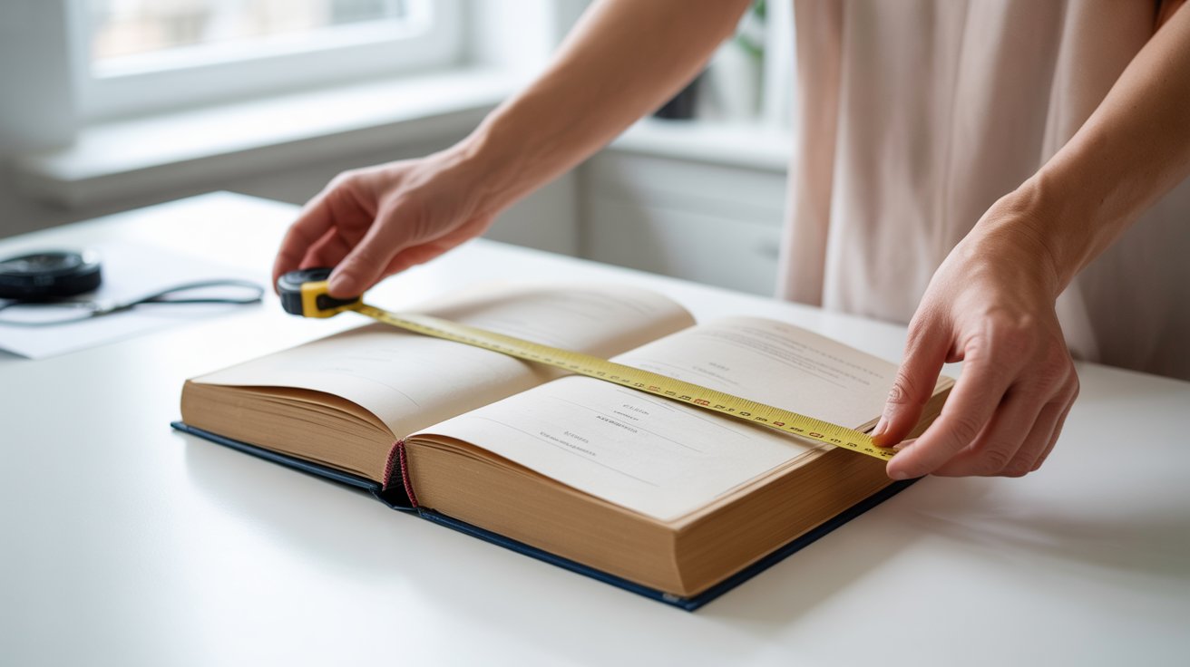 Person measuring largest book width with tape on table in clean modern home setting