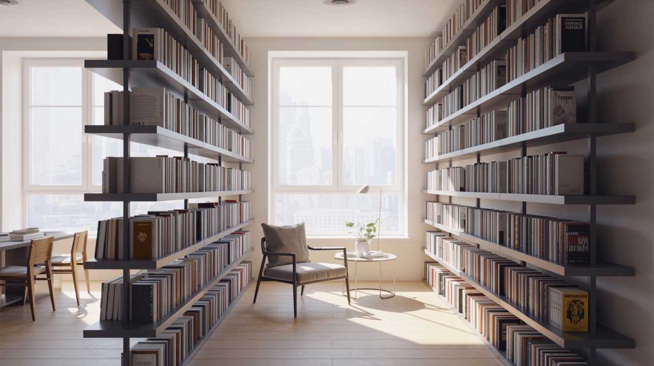 "Slim floor-to-ceiling built-in bookshelves in a compact apartment maximizing vertical storage in a modern minimalist design."