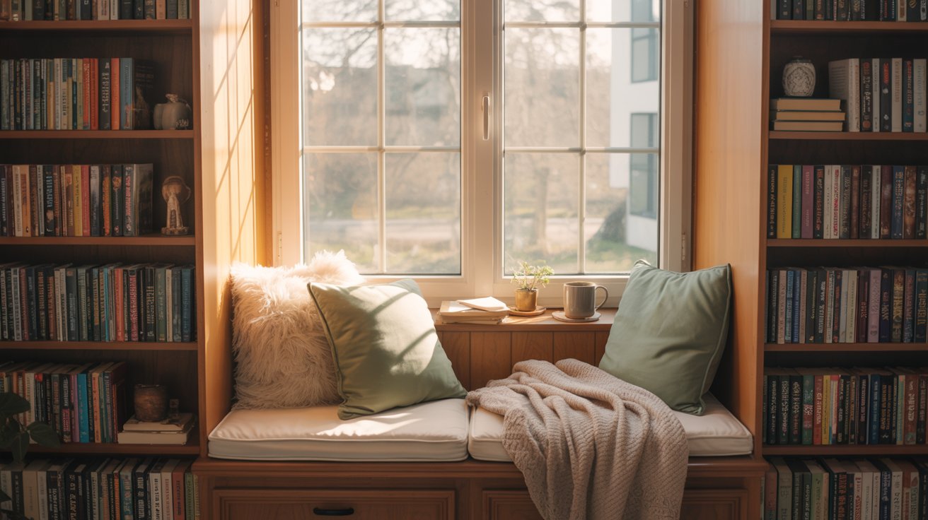 Small living room with window seat and bookshelves, cozy reading nook, soft natural lighting