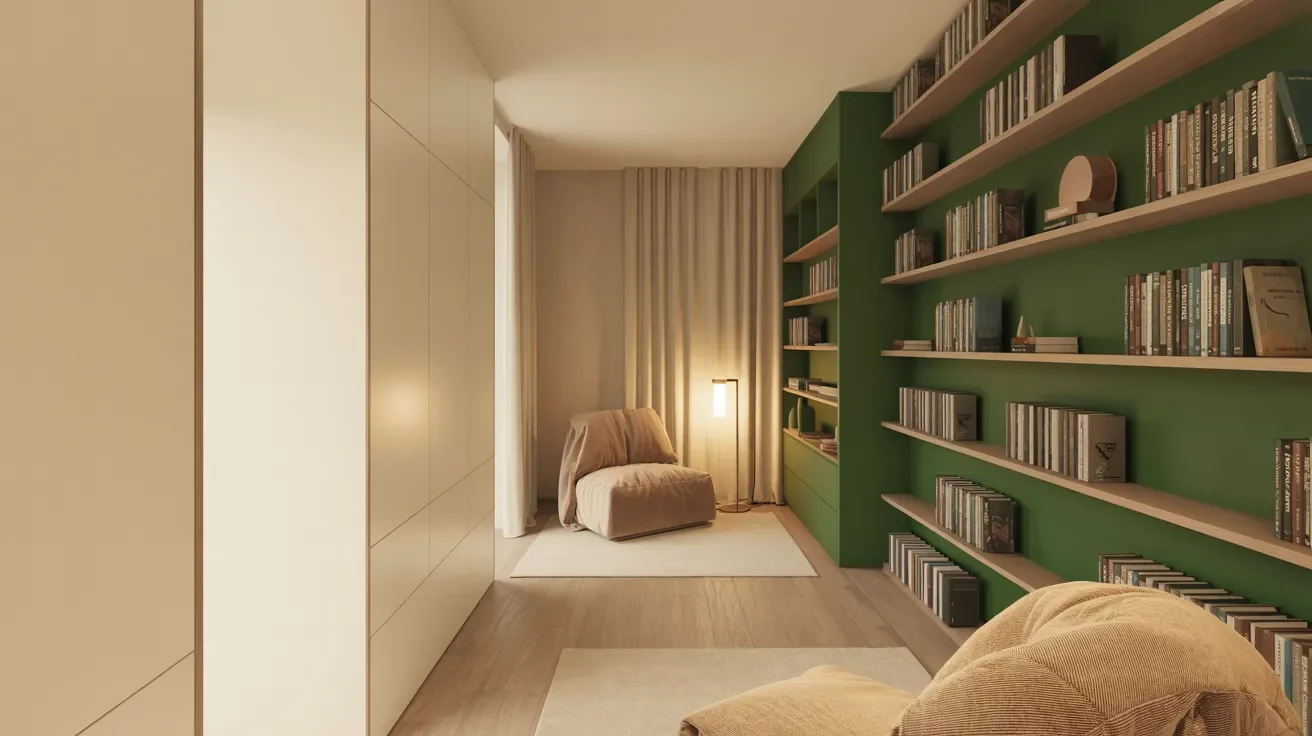 Home library with forest green accent wall behind bookshelves and neutral cozy interior design.