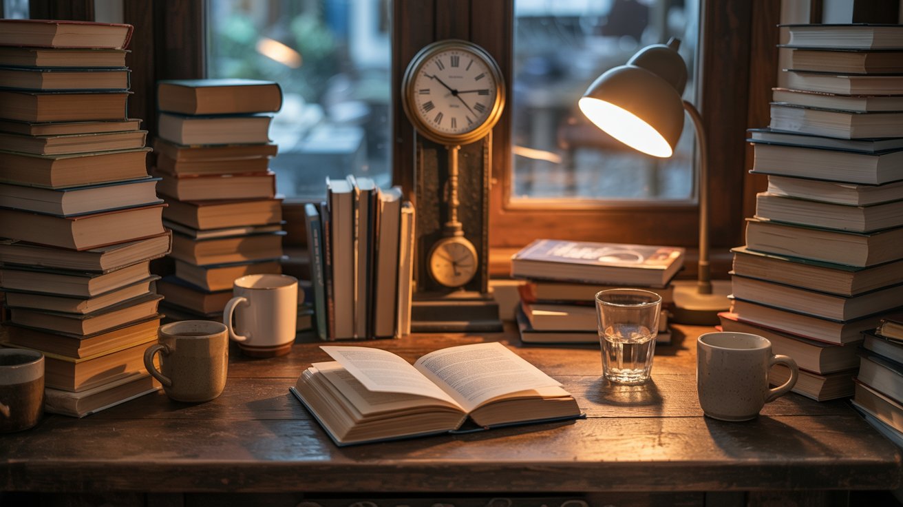 "Late-night reading desk with open blank book, stack of books, clock, coffee cups and water glass symbolizing finishing a book in one day, cozy lighting, no text or humans"