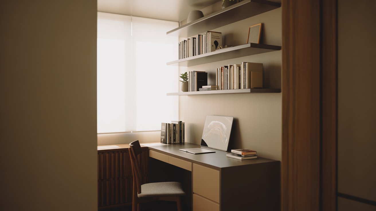 "Small home office with floating wall shelves above a desk, neatly arranged books, and a clean, space-saving library setup."