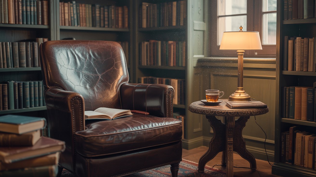 "Dark academia reading corner with leather armchair, wooden table, and bookshelf"